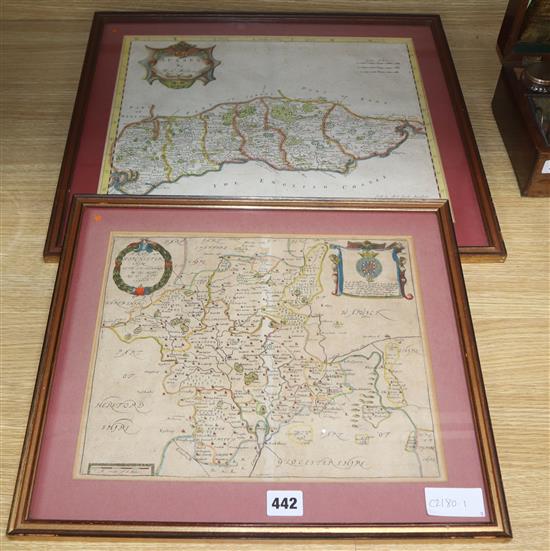 Robert Morden, coloured engraving, Map of Sussex, 34 x 41cm and a Map of Worchester, 27 x 33cm